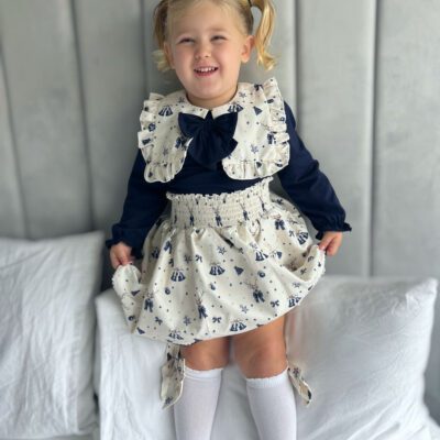 Little Ann's Christmas Smocked Navy Skirt Set